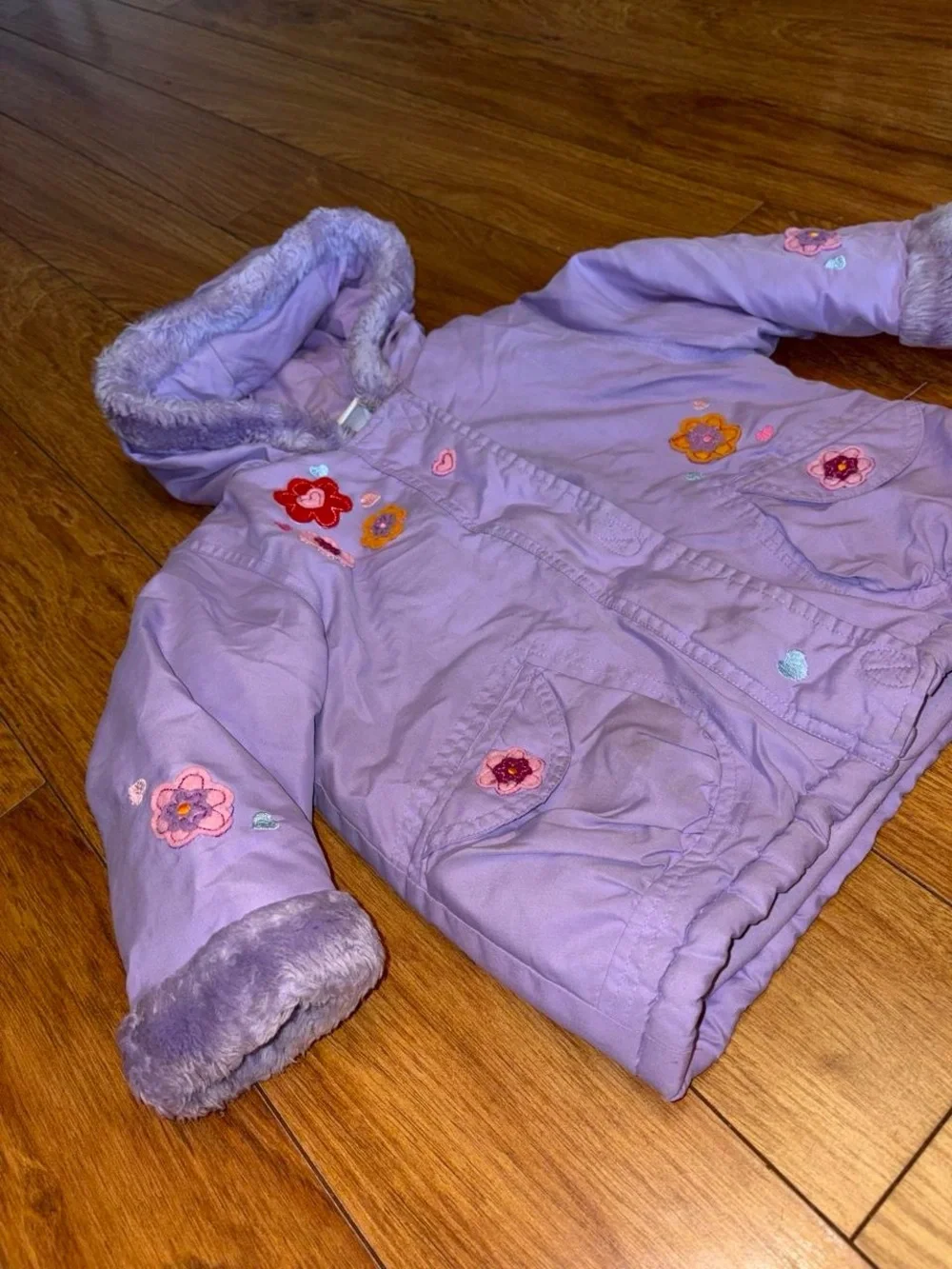 Y2K fur lined lavender puffer coat with floral design